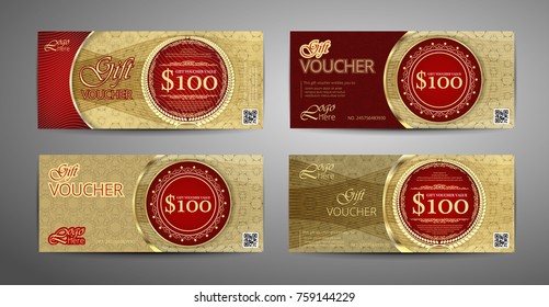 Luxury gift voucher template collection. Set of red and gold coupon template. Vector