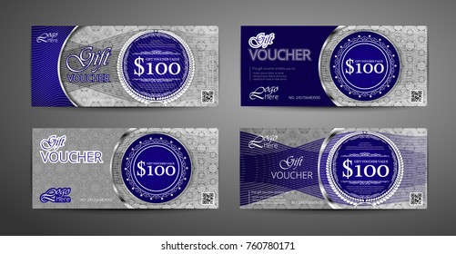 Luxury gift voucher template collection. Set of blue and silver coupon template. Vector