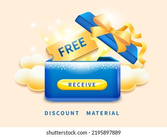 Luxury gift voucher template, free coupon in gift box with golden ribbon and cloud background