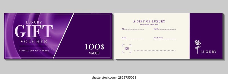 Luxury gift voucher template. Horizontal double-sided coupon with purple silk satin drapery background and flower line art. Elegant vector layout for spa, beauty salon, or retail boutique.
