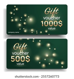 Luxury gift voucher template set with Glowing string light garland. Festiv gift coupon, invitation or certificate green color with Christmas lights. Discount Coupon Template Vector Illustration