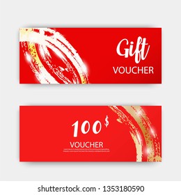 Luxury gift vouchers set. Red and golden color design, on white background. Vector illustration EPS10. 