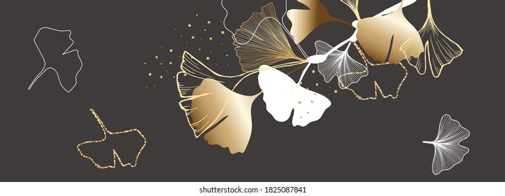 Luxury ginkgo leaf fall and autumn  background vector with golden metallic decorate