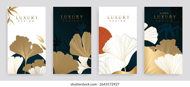 Luxury ginkgo leaf hand drawn pattern cover design vector. Wallpaper with leaves design in gold line art. Illustration for social media post, internet, packaging, covers, and prints.
