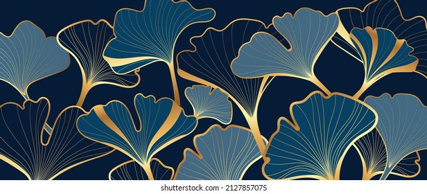 Luxury ginkgo leaf on dark blue background. Nature wallpaper of ginkgo leaves, biloba plants in golden line art pattern. Hand drawn design for banner, covers, wall art, home decor, fabric and design.