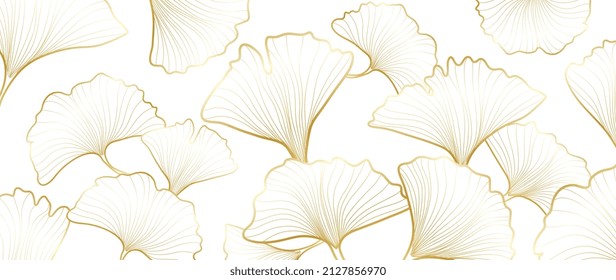 Luxury ginkgo leaf on white background. Nature wallpaper of ginkgo leaves, biloba plants in golden line art pattern. Hand drawn design for banner, covers, wall art, home decor, fabric and design.