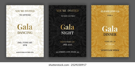 Luxury glamorous black gold and white gala dinner, night, dancing invitation template set with golden text. Baroque style retro ornate pattern background. EPS 10 vector illustration.