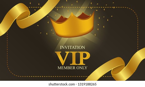 Luxury glamorous membership VIP invitation with 3D golden crown illustration for card, banner, poster. with illustration of golden ribbon and confetti