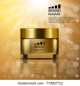 Luxury glass cosmetic cream jar with golden cap on shining background. Vector 3d illustration template for design  placard, presentation, banners and cover.