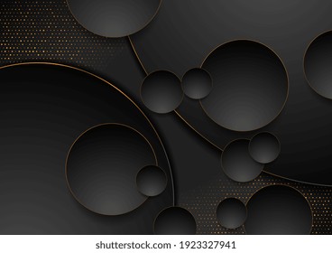 Luxury glitter geometric abstract background with black golden circles and dots. Vector illustration