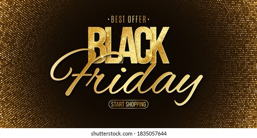 Luxury glittering lettering for Black Friday sale. Elegant business banner. Commercial discount event. Special offer. Golden halftone pattern or background. Vector illustration. EPS 10