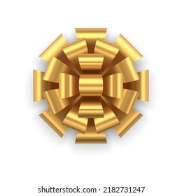 Luxury glossy realistic golden metallic bow decorate festive gift box 3d template vector illustration. Expensive isometric gold ribbon for present surprise package decorative design top view isolated