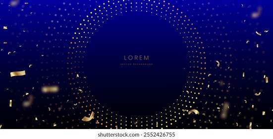 Luxury glow golden dot circle on dark blue background. Celebration grand opening party happy concept. Vector illustration
