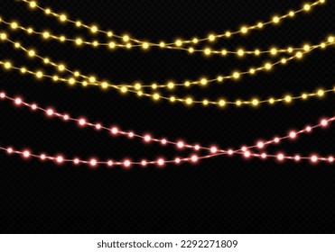 Luxury glowing garlands for holiday. Shiny Christmas bulbs for decor. Golden and red lights on transparent background.