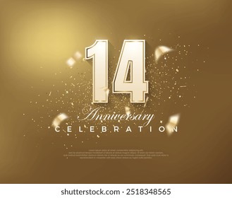 Luxury gold 14th anniversary celebration with white numbers on gold background. Premium vector for poster, banner, celebration greeting.