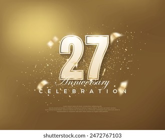 Celebración de 27 aniversario de oro de lujo con números blancos sobre fondo dorado. Vector de Premium para póster, Anuncio, celebración y saludo.