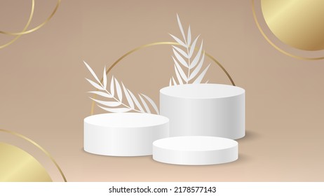 Luxury gold 3d background product display podium scene with leaf geometric platform. Stand to show cosmetic product. Realistic paper stage showcase on pedestal display beige backdrop.