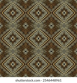 Luxury gold 3d geometric vector seamless pattern with rhombus, intricate mazes, abstract shapes, greek key meander. Golden ornamental textured ornate glowing background. Endless gold texture.