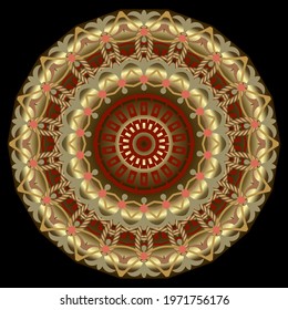 Luxury gold 3d mandala pattern. Ornamental surface rosette. Round floral gold ornament. Beautiful ornate design with greek key, meanders, flowers, leaves, shapes, circles. Vector illustration.