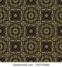 Lujoso patrón de oro 3d sin fisuras. Vector arabesco mandalas hermoso fondo. El contexto étnico griego se repite. Flores doradas de encaje, mandalas. Diseño ornamentado de superficie texturada. Textura de oro.