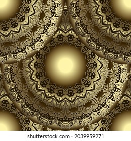 Luxury gold 3d seamless pattern. Vector glowing golden flowers background.  Repeat ornate backdrop. Textured arabesque ornament. Ornamental surface oriental style design with flowers, round mandalas, 