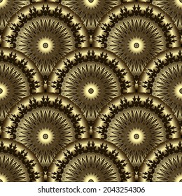 Luxury gold 3d seamless pattern. Vector glowing golden flowers background. Repeat ornate Deco backdrop. Textured arabesque ornament. Ornamental surface  design with flowers, round tiled mandalas