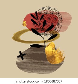 Luxury gold abstract arts background. Japanese oriental style abstract arts with gold texture and watercolor brush design for wall framed prints, canvas prints, poster, home decor, cover, wallpaper. 
