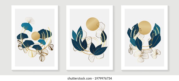 Luxury gold abstract botanical background vector. Wall art design with gold floral and leaves. Abstract line art wall paper for prints, home decoration, cover, poster and fabric. 