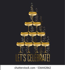 Luxury gold abstract design pattern. gold sparkling champagne glass pyramid flat vector illustration on night background. festive wedding wineglasses in tower design for poster, invitation and cards.