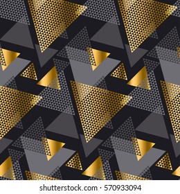 Luxury gold abstract design pattern. Gold and black color creative repeatable motif with triangles for wrapping paper or fabric. Modern seamless pattern vector illustration in geometry style.