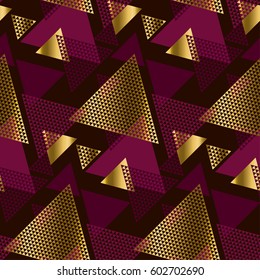 Luxury gold abstract design pattern. Deep red color decorative seamless pattern with gold elements. Luxury style surface design for wrapping paper, print, background, fabric.