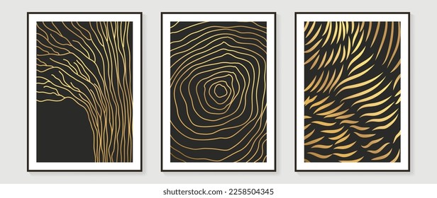 Luxury gold abstract pattern wall art vector set. Delicate gradient gold line art, round circle line, tiger stripes pattern shine on dark background. Design for home decoration, spa, cover, interior.