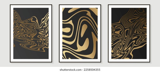 Luxury gold abstract pattern wall art vector set. Delicate gradient gold psychedelic illusion organic shape pattern shine on dark background. Design for home decoration, spa, cover, interior, print.