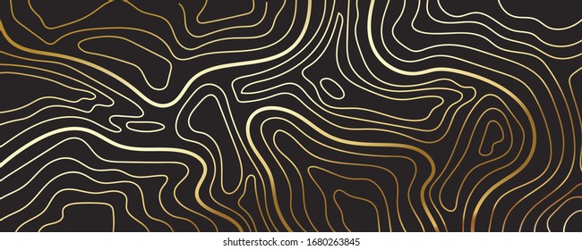 Luxury gold abstract topographic map background with golden lines  texture, 17:9 wallpaper design for fabric , packaging , web, geographic grid map vector illustration.