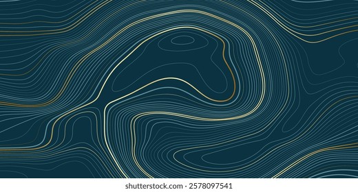 Luxury gold abstract wave, swirl, and line art background. Premium golden topographic line map texture. Twisted and distorted marble vector texture suitable for banner, cover, or poster design