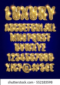luxury gold alphabet and numbers on a dark background. Vector illustration