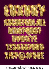 luxury gold alphabet and numbers on a dark background. Vector illustration