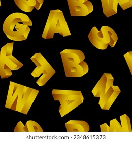 Luxuriöses goldenes Alphabet nahtloses Muster. Drehende goldene dreidimensionale Buchstaben befinden sich zufällig auf schwarzem Hintergrund. Vektorgrafik.