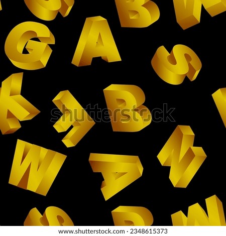 Luxury gold alphabet seamless pattern. Rotating golden three-dimensional letters are randomly located on a black background. Vector.
