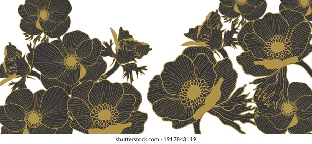 Luxury Gold Anemone flowers background vector.  Botanical Line art Hand Drawn wallpaper, wall art. Vector illustration.