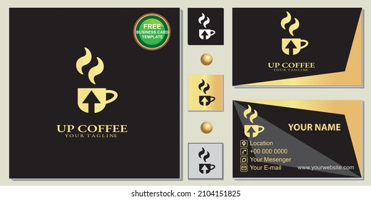 Luxury gold up arrow coffee shop logo, simple black, free premium business card template vector eps 10