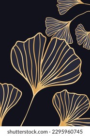 Luxury gold art deco wallpaper. Nature background vector. luxury flower line pattern, golden background. social media post, cover, banner, creative post and wall arts. Golden ginkgo biloba wallpaper