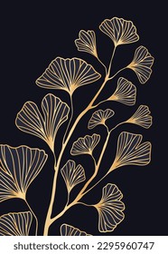 Luxury gold art deco wallpaper. Nature background vector. luxury flower line pattern, golden background. social media post, cover, banner, creative post and wall arts. Golden ginkgo biloba wallpaper