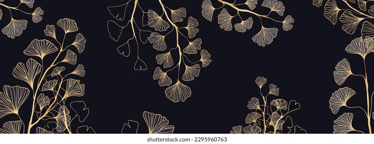 Luxury gold art deco wallpaper. Nature background vector. luxury flower line pattern, golden background. social media post, cover, banner, creative post and wall arts. Golden ginkgo biloba wallpaper