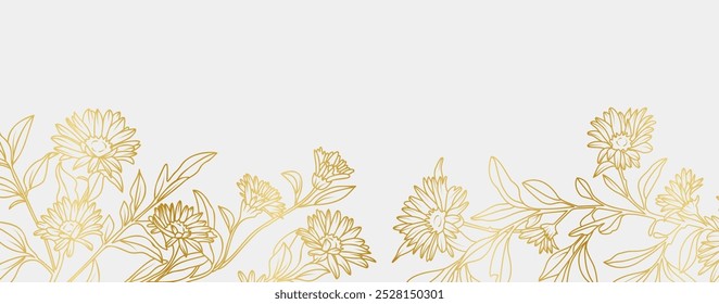 Luxury gold Aster flowers background. Floral pattern tropical in line art style for greeting, invitation, wedding card, wall art, wallpaper and print. Vector illustration