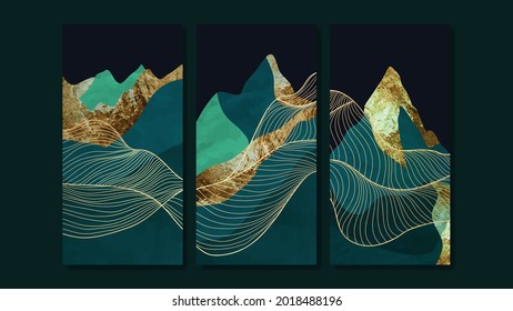 Luxury gold background.  Black and golden Mountain wall art design with dark green color, shiny golden light texture. Modern art mural wallpaper. Vector illustration.