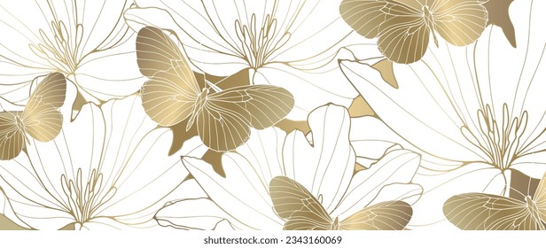 Luxury gold background with butterflies and delicate flowers. Floral background for decor, wallpapers, cards and presentations.