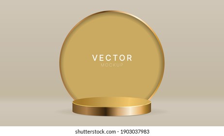 Diseño de fondo dorado de lujo con vector de podio 3d. Resumen de la escena mínima para la presentación de productos cosméticos, paso peatonal para anuncio de compras en línea.