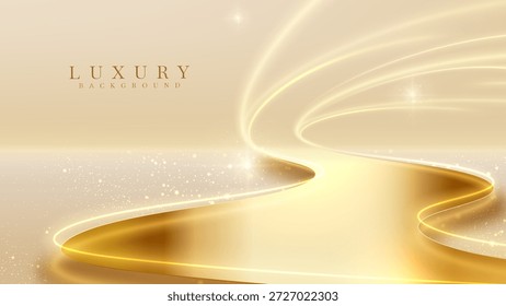 Fundo de ouro de luxo com um caminho dourado brilhante com linhas curvas suaves e efeitos de luz cintilantes adequados para casamento, exibição de produtos ou eventos de premiação, ilustração vetorial.