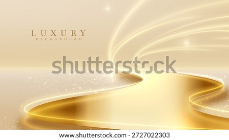 Luxury gold background featuring a shiny golden pathway with smooth curved lines and sparkling light effects suitable for wedding, product display or award events, vector illustration.
